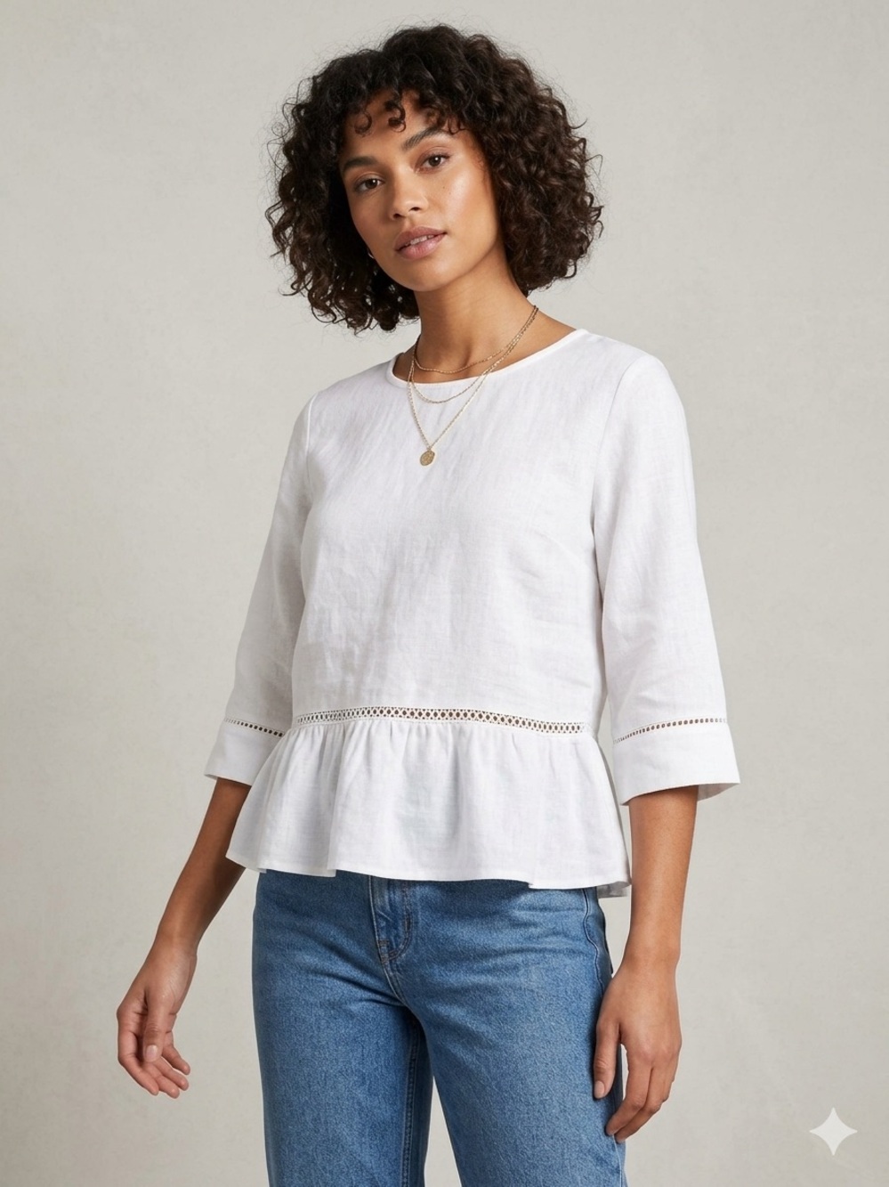 White 100% Linen Peplum Blouse Eyelet Ladder Trim Boho Top 3/4 Large